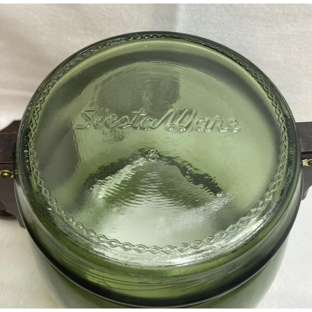 Vintage Siestaware Pitcher Barrel Shaped Glass Container Wood Lid &Handle 10”x9”